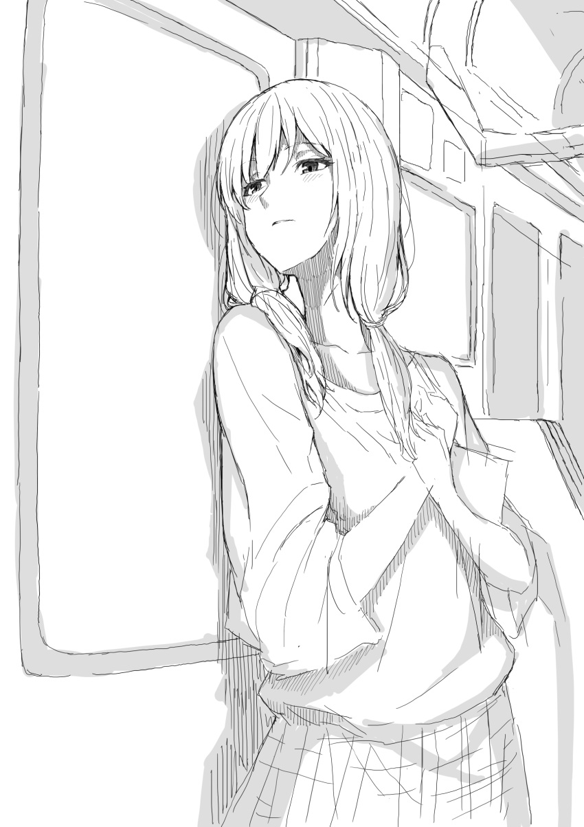 1girl, blush, casual, hands_on_own_chest, highres, looking_to_the_side, low_twintails, monochrome