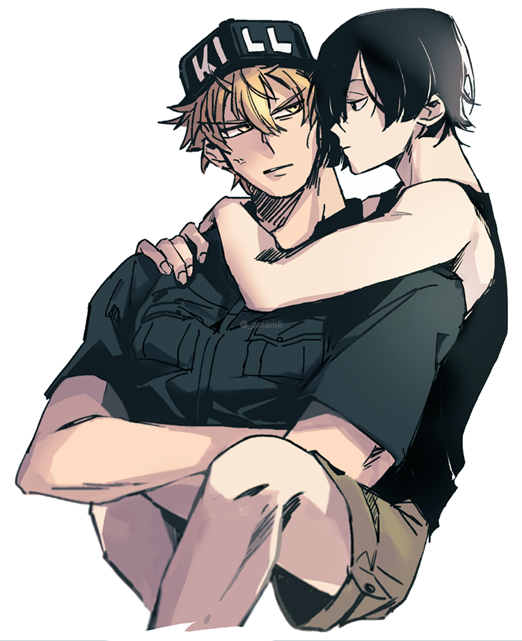 1boy, 1girl, amamli, anger_vein, black_eyes, black_hair, blonde_hair, bob_cut