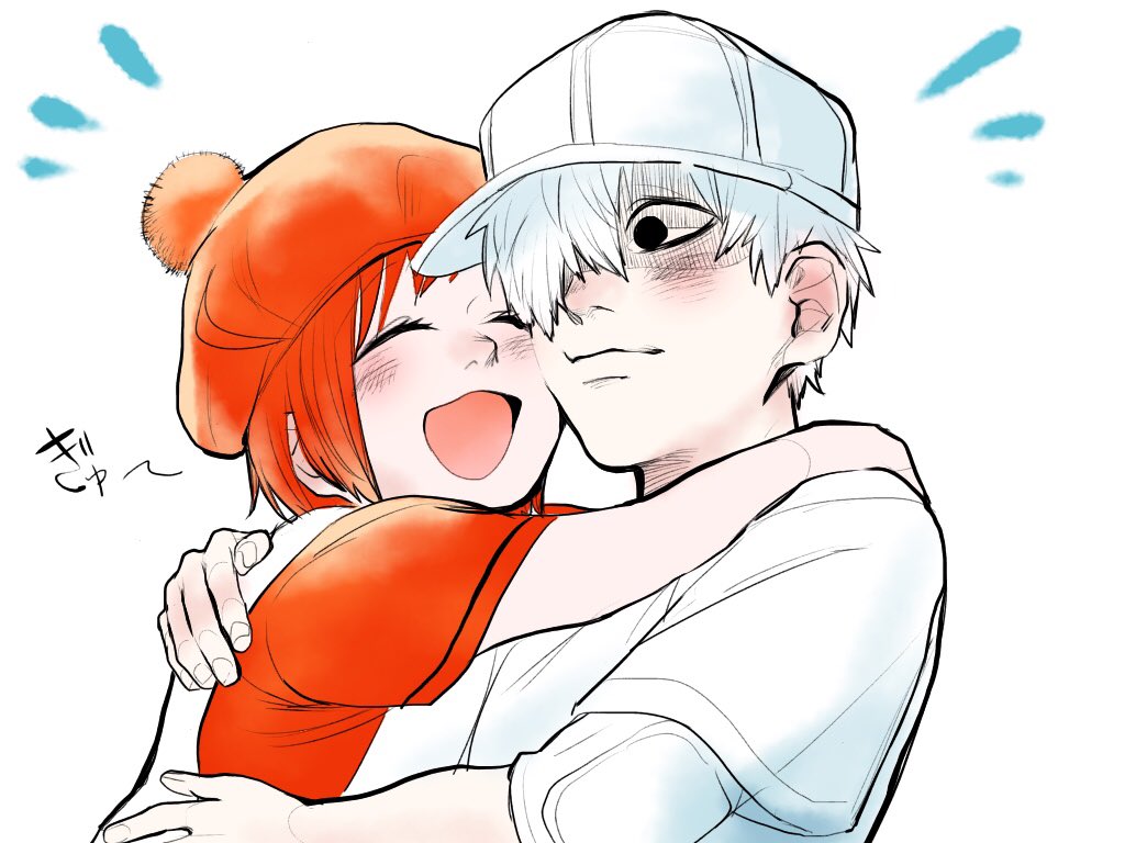 1boy, 1girl, ae-3803, black_eyes, blush, child, dress, erythroblast_(hataraku_saibou), hair_over_one_eye, hat, hataraku_saibou, hug, myelocyte_(hataraku_saibou), pinafore_dress, pom_pom_(clothes), redhead, short_hair, simple_background, u-1146, upper_body, white_background, white_hair, younger