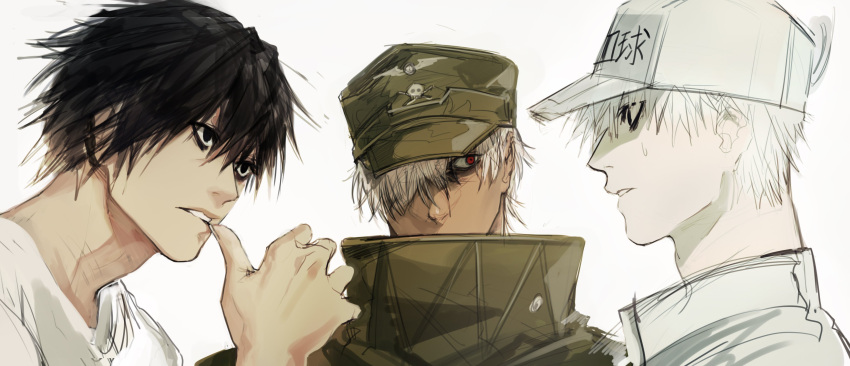 3boys, absurdres, baseball_cap, biting, black_hair, captain_(hellsing), close-up, crossover