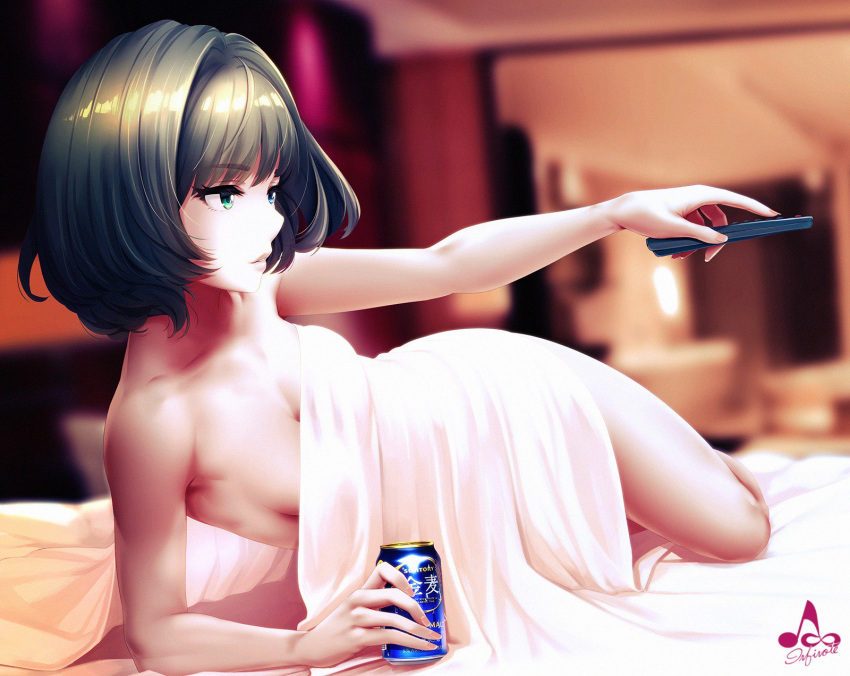 1girl, bangs, bare_shoulders, bed_sheet, bedroom, blue_eyes, blurry, blurry_background, blush, breasts, brown_hair, can, cleavage, collarbone, controller, eyebrows_visible_through_hair, green_eyes, green_hair, heterochromia, highres, holding, holding_can, holding_remote, idolmaster, idolmaster_cinderella_girls, indoors, infinote, looking_away, lying, medium_breasts, mole, mole_under_eye, naked_sheet, on_bed, on_side, parted_lips, remote_control, short_hair, sideboob, signature, solo, takagaki_kaede, thighs, under_covers