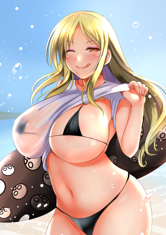 1girl, ;), bangs, beach, bikini, black_bikini, blonde_hair, blue_sky, blush, breasts, closed_mouth, curvy, day, eyebrows_visible_through_hair, huge_breasts, lifted_by_self, long_hair, looking_at_viewer, micro_bikini, mole, mole_under_mouth, naughty_face, navel, one_eye_closed, outdoors, parted_bangs, pyonpyonmaru, red_eyes, senran_kagura, shiki_(senran_kagura), shirt, shirt_lift, short_sleeves, sky, smile, solo, straight_hair, swimsuit, tongue, tongue_out, water, wet, wet_clothes, wet_shirt, white_shirt