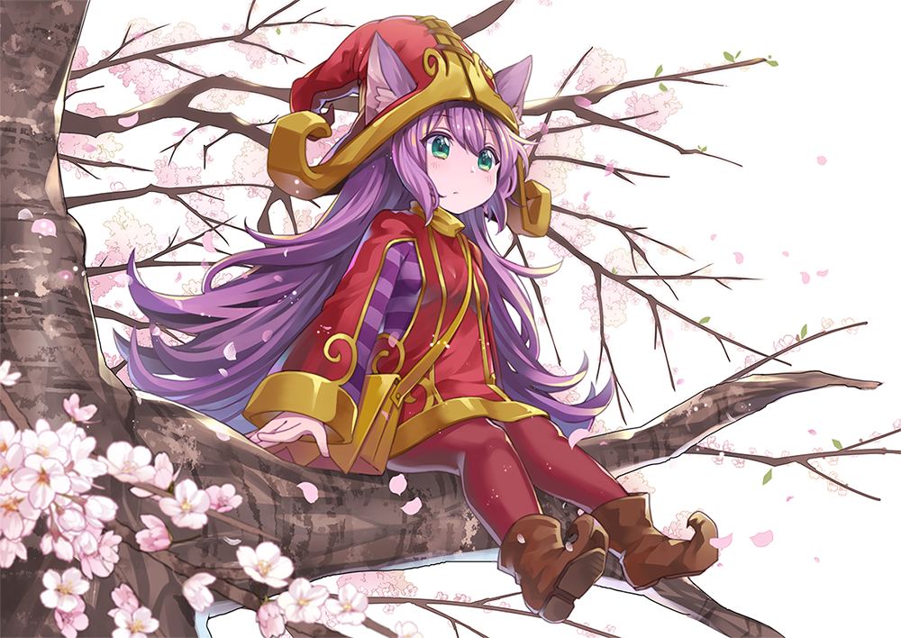 1girl, animal_ears, boots, cherry_blossoms, green_eyes, hat, konomoto_(knmtzzz), lavender_skin