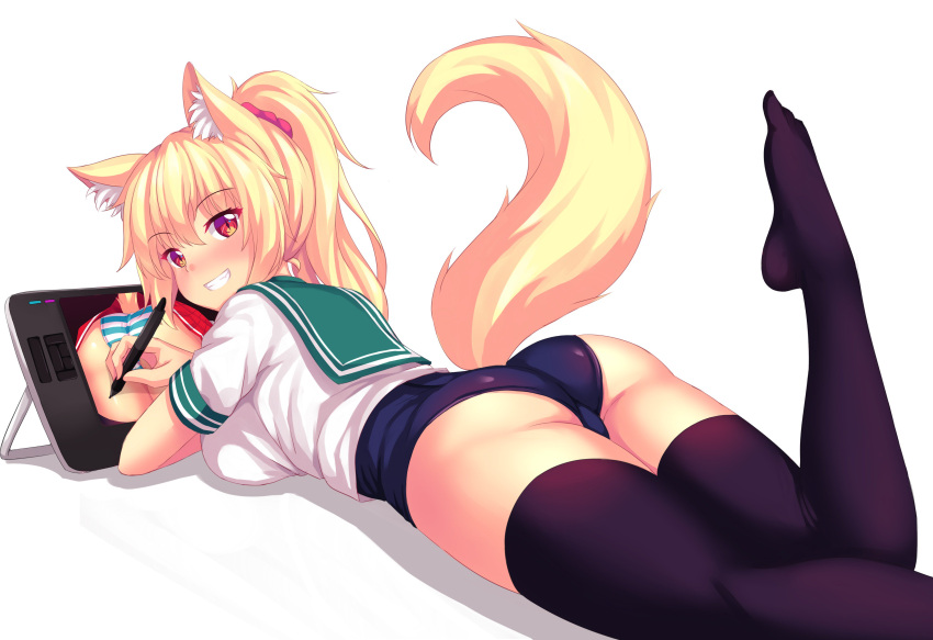 1girl, absurdres, animal_ears, ass, black_legwear, blonde_hair, blush, breasts
