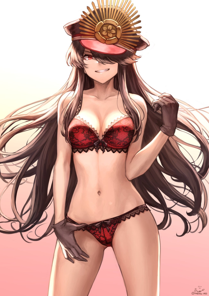 1girl, black_gloves, black_hair, blush, bra, breasts, cleavage, collarbone