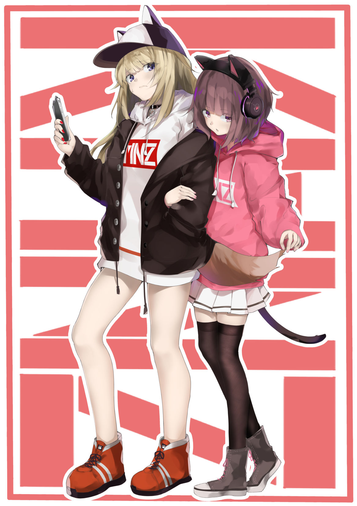 2girls, animal_ear_headphones, bare_legs, black_footwear, black_legwear, blonde_hair, blue_eyes, brown_hair