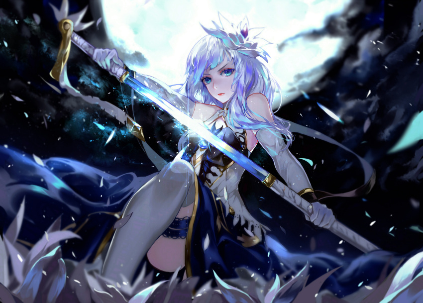 1girl, bare_shoulders, blue_dress, blue_eyes, dress, elbow_gloves, flower, gloves, hair_flower, hair_ornament, highres, katana, long_hair, moon, night, sdorica_-sunset-, sheath, silver_hair, sione_aldric, standing, standing_on_one_leg, sword, sword_cane, thigh_strap, unsheathing, vardan, weapon, white_gloves, white_legwear