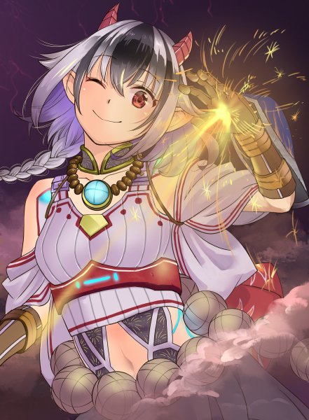 1girl, black_hair, breasts, fireworks, gloves, hibana_(xenoblade_2), looking_at_viewer, multicolored