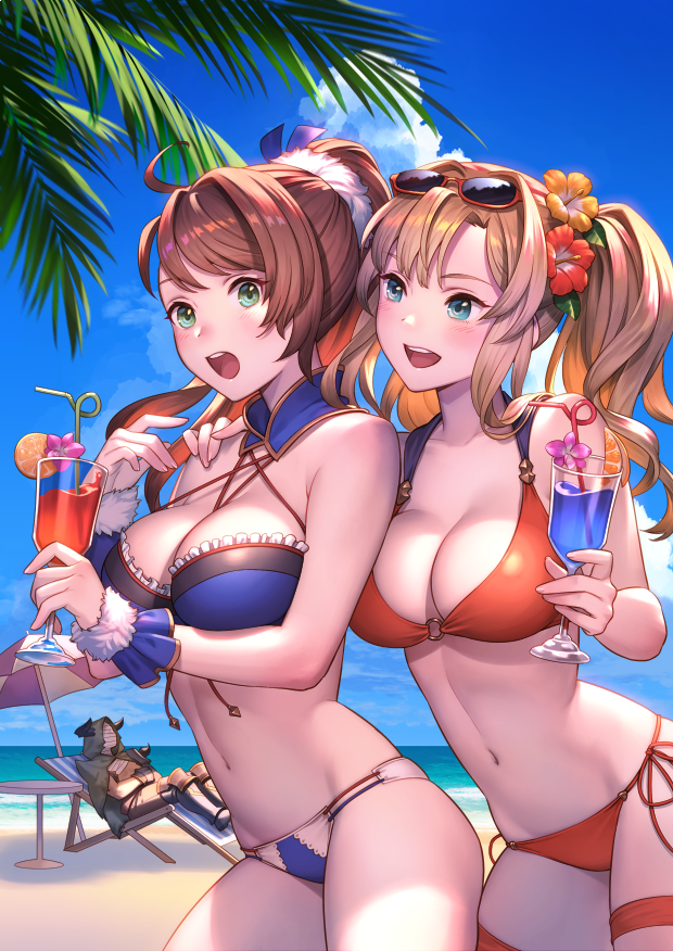1boy, 2girls, :d, bangs, bare_shoulders, beach, beatrix_(granblue_fantasy), bikini