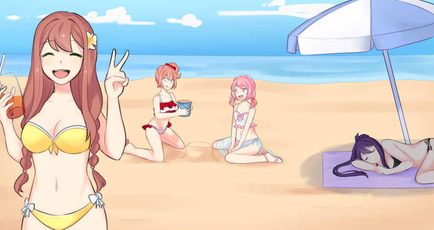 4girls, :d, :q, ^_^, alternate_hairstyle, beach, beach_umbrella, bikini