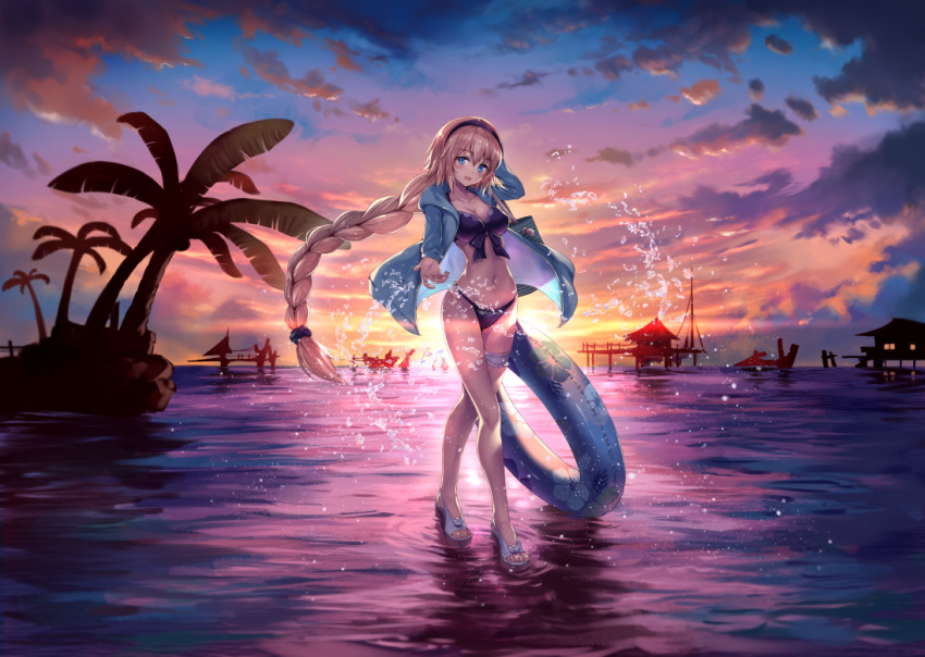 1girl, arm_behind_head, arm_up, bag, bangs, bikini, black_bikini, black_hairband