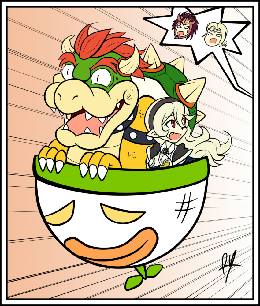 1girl, 1other, 2boys, armor, blue_cape, bowser, cape, castlevania