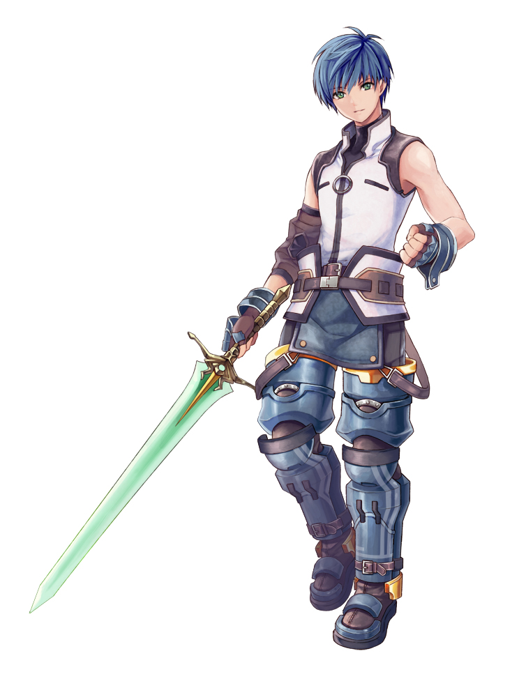 1boy, ankle_belt, belt, blue_hair, blue_legwear, brown_gloves, check_character, clenched_hand
