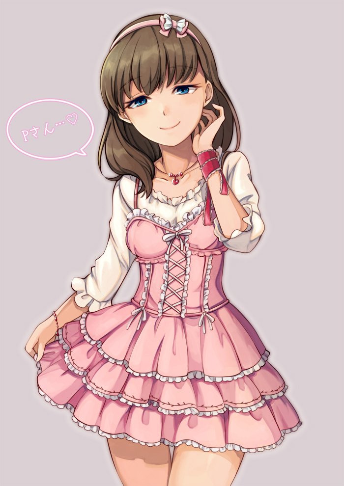 1girl, bead_bracelet, beads, blue_eyes, bracelet, brown_hair, dress, frilled_dress, frills, grey_background, hairband, hand_up, idolmaster, idolmaster_cinderella_girls, jewelry, looking_at_viewer, medium_hair, mzkk_1826, necklace, pink_dress, pink_hairband, sakuma_mayu, skirt_hold, smile, solo, speech_bubble, standing, thighs, wristband