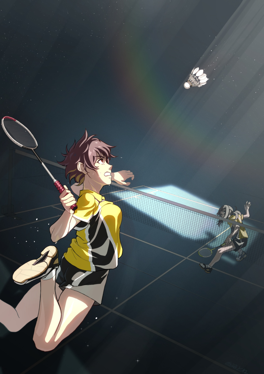 2girls, aragaki_nagisa, badminton, badminton_racket, black_eyes, black_hair, black_shorts, brown_hair