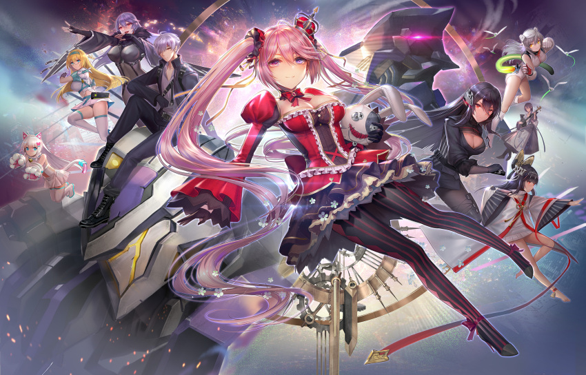 1boy, 6+girls, amanda_(iron_saga), animal_ears, ankle_bell, ankle_ribbon, argyle, argyle_legwear, arm_support, arm_up, backlighting, bangs, bare_legs, barefoot, bekas_(iron_saga), bell, belt, black_gloves, black_hair, black_legwear, black_sleeves, blonde_hair, blue_eyes, blunt_bangs, blush, bodystocking, bodysuit, boots, bow, bowtie, breasts, bustier, cat_ears, cat_paws, cat_tail, character_request, cleavage, cleavage_cutout, closed_mouth, collarbone, commentary, copyright_name, covering_one_eye, cross-laced_footwear, crown, detached_sleeves, dress, dress_shirt, elbow_gloves, erect_nipples, fake_animal_ears, fake_tail, fingerless_gloves, floating_hair, flower, flying, full_body, fur, fur_collar, gloves, hair_between_eyes, hair_bow, hair_ornament, hair_ribbon, hair_scrunchie, half_gloves, hand_up, headband, headgear, heterochromia, high_heels, highres, holding, holding_stuffed_animal, holding_stuffed_toy, instrument, iron_saga, jacket, japanese_clothes, juliet_sleeves, katana, kelly_(iron_saga), kimono, knee_boots, lace, lace-up_boots, large_breasts, layered_dress, layered_skirt, leg_up, legs_folded, leotard, light_particles, light_rays, lipstick, logo, lolita_fashion, long_hair, long_sleeves, looking_at_viewer, makeup, mecha, meruru_(iron_saga), mini_crown, miniskirt, mole, mole_on_breast, multicolored, multicolored_clothes, multiple_girls, music, mutsuki_(jidong_zhandui), nail, neck_bell, oboro_(jidong_zhandui), official_art, open_clothes, open_jacket, open_mouth, outstretched_arm, outstretched_arms, panties, pants, pantyhose, pantyshot, paw_gloves, paws, petticoat, pink_hair, playing_instrument, puffy_sleeves, purple_hair, red_dress, red_eyes, red_lipstick, red_ribbon, ribbon, scrunchie, serious, shirt, short_hair, sidelocks, silver_hair, sitting, sitting_on_mecha, skin_tight, skirt, sleeves_past_wrists, slokai_(iron_saga), smile, snow_(iron_saga), straight_hair, striped, striped_legwear, stuffed_animal, stuffed_bunny, stuffed_toy, sweater, sweater_vest, swept_bangs, sword, tail, tassel, thigh-highs, thigh_boots, turtleneck, turtleneck_sweater, twintails, underwear, very_long_hair, violet_eyes, weapon, white_leotard, wide_sleeves, wind, wind_lift, wristband, yellow_eyes, zjsstc