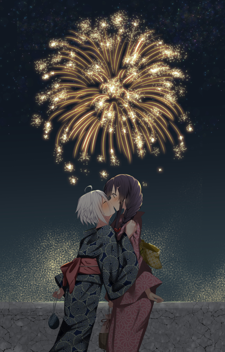 2girls, 80mph, ahoge, bag, black_hair, blush, braid, closed_eyes