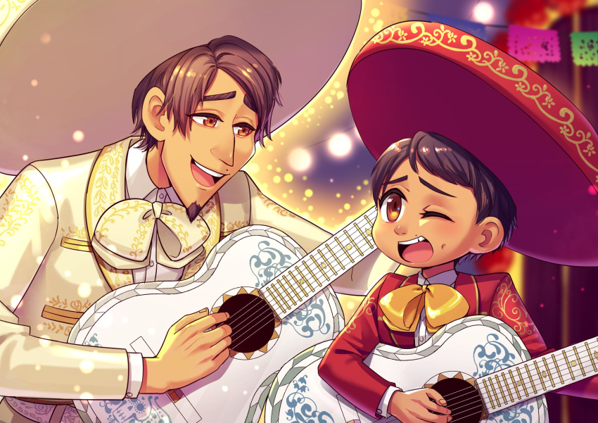 2boys, black_hair, bow, brown_eyes, charro, coco_(disney), dark_skin, dark_skinned_male