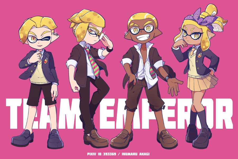 1girl, 3boys, adjusting_clothes, adjusting_eyewear, adjusting_hair, adjusting_necktie, alternate_costume, artist_name