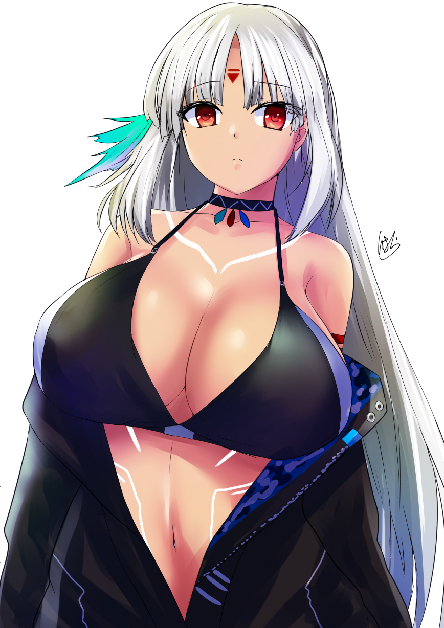 1girl, azur_lane, bangs, bare_shoulders, bikini_top, black_bikini_top, black_jacket, breasts
