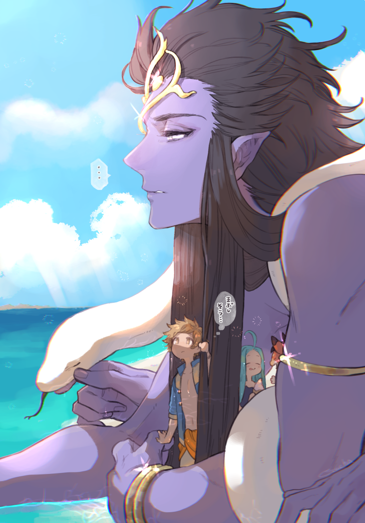 beach, giant, gran_(granblue_fantasy), granblue_fantasy, gucha_(netsu), long_hair, lyria_(granblue_fantasy), multiple_arms, purple_skin, shiva_(granblue_fantasy), sky, snake
