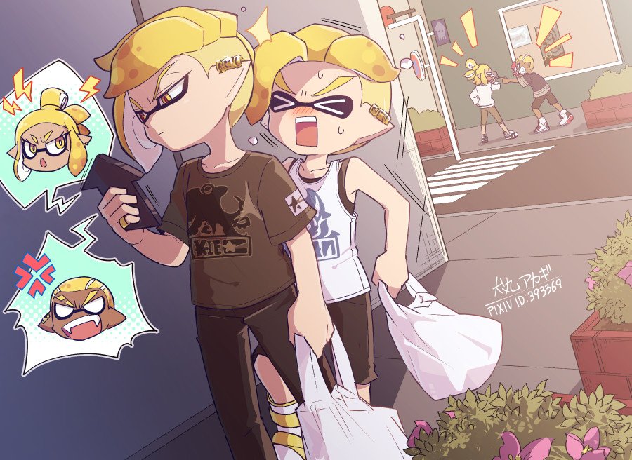 >_<, 1girl, 3boys, anger_vein, artist_name, bag, black_pants, black_shirt