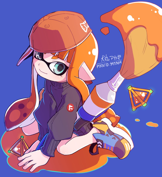 1girl, arm_support, artist_name, bangs, baseball_cap, black_jacket, black_shorts, blue_background