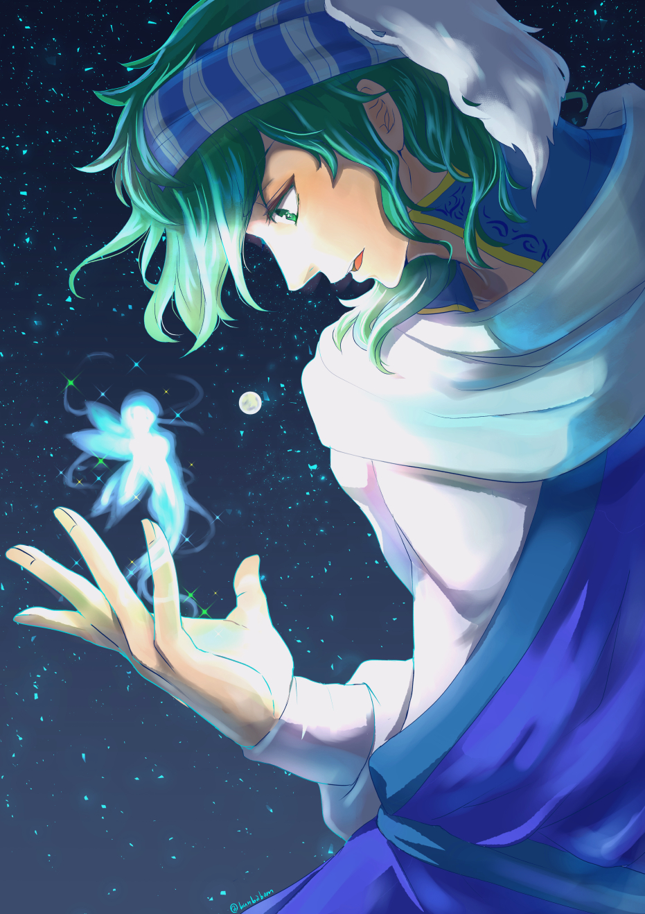 1boy, artist_name, cape, fairy, feathers, fire_emblem, fire_emblem:_seisen_no_keifu, green_eyes, green_hair, highres, levin_(fire_emblem), male_focus, moon, night, night_sky, open_mouth, sky, solo, star_(sky), taguchi_(igutiguti), teeth, turban