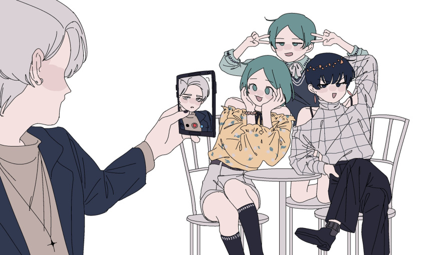 4others, alternate_costume, bangs, bare_shoulders, blue_hair, bob_cut, cairngorm_(houseki_no_kuni), casual, cellphone, chair, diffndk, double_v, earrings, green_eyes, green_hair, hands_on_own_cheeks, hands_on_own_face, highres, houseki_no_kuni, humanization, jewelry, kneeling, legs_crossed, multiple_others, pale_skin, parted_bangs, phone, phosphophyllite, phosphophyllite_(ll), self_shot, shirt, short_hair, silver_hair, simple_background, sitting, smartphone, table, taking_picture, v, white_background, yellow_shirt