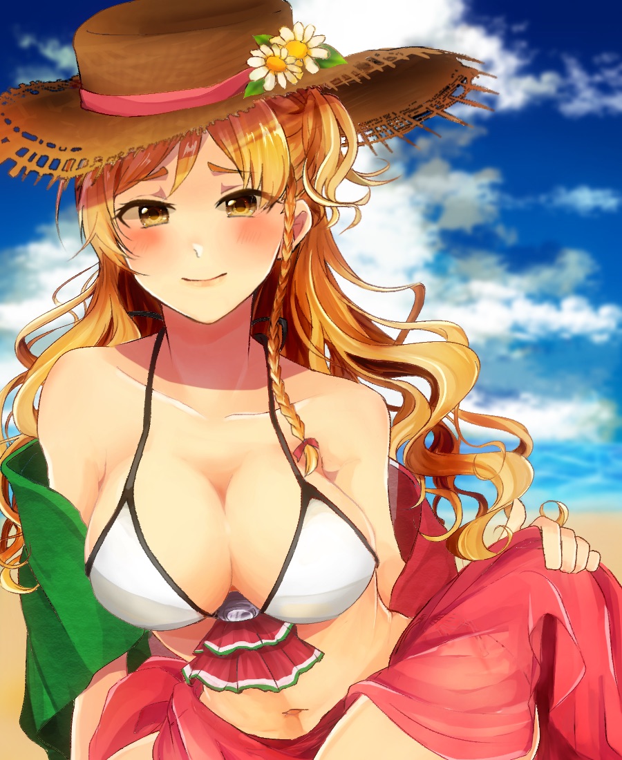 1girl, alternate_costume, bangs, bikini, blonde_hair, blue_sky, blush, braid