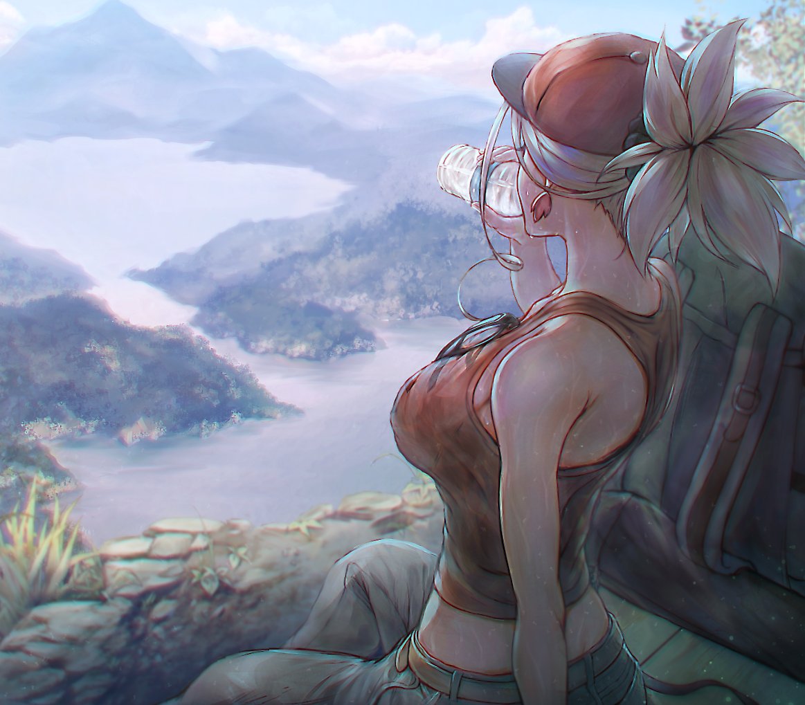 1girl, bare_shoulders, baseball_cap, bottle, breasts, cliff, drinking, earrings