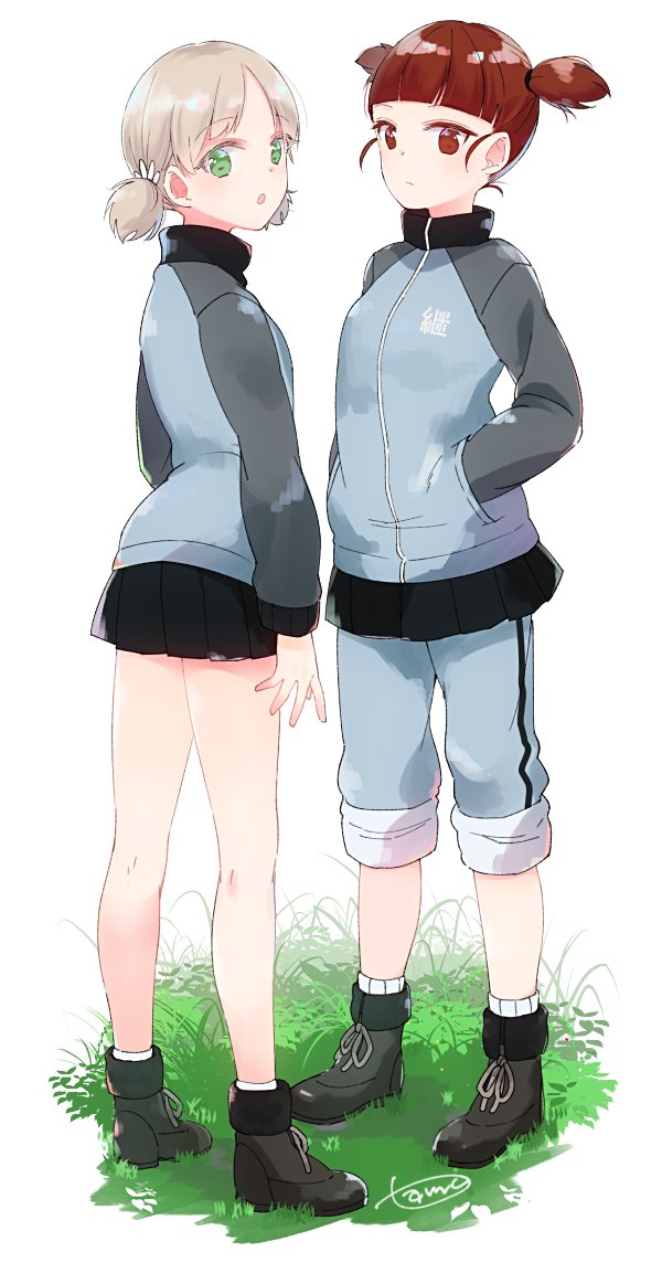2girls, aki_(girls_und_panzer), ankle_boots, artist_name, bangs, blue_footwear, blue_jacket, blue_pants