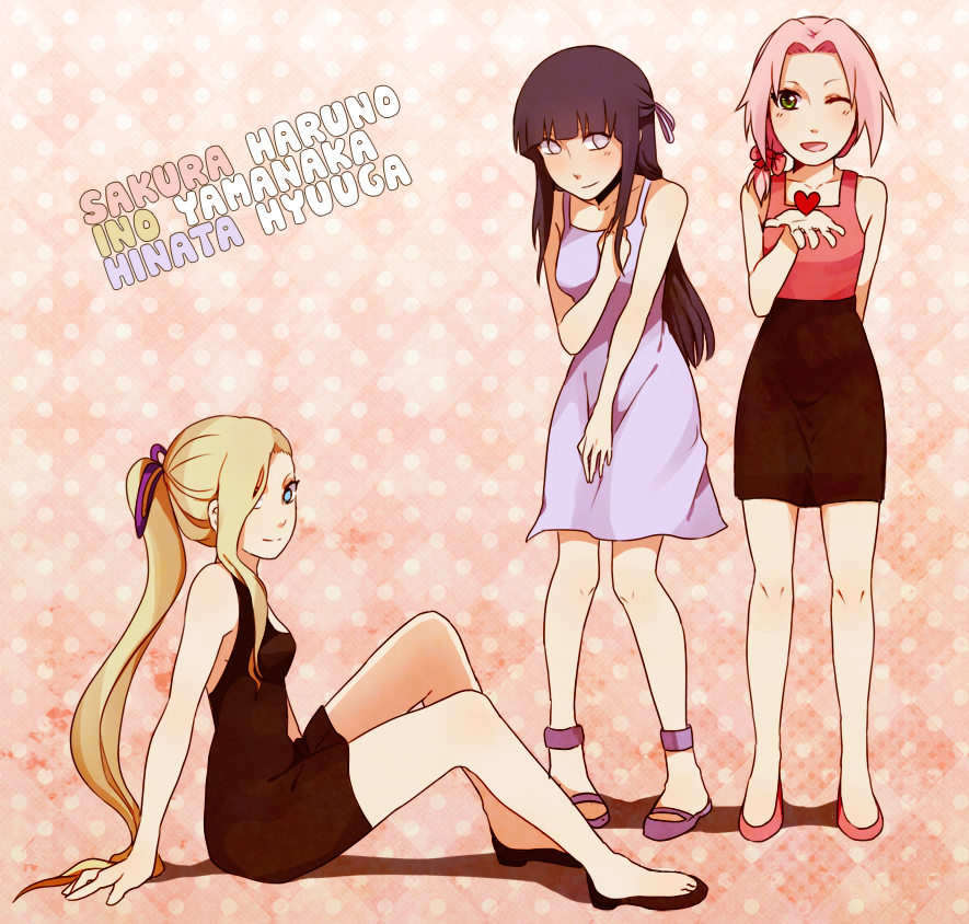 3girls, alternate_costume, blonde_hair, breasts, casual, dress, haruno_sakura, hyuuga_hinata, long_hair, multiple_girls, naruto, naruto_(series), naruto_shippuuden, pink_hair, sera_(serappi), short_hair, yamanaka_ino