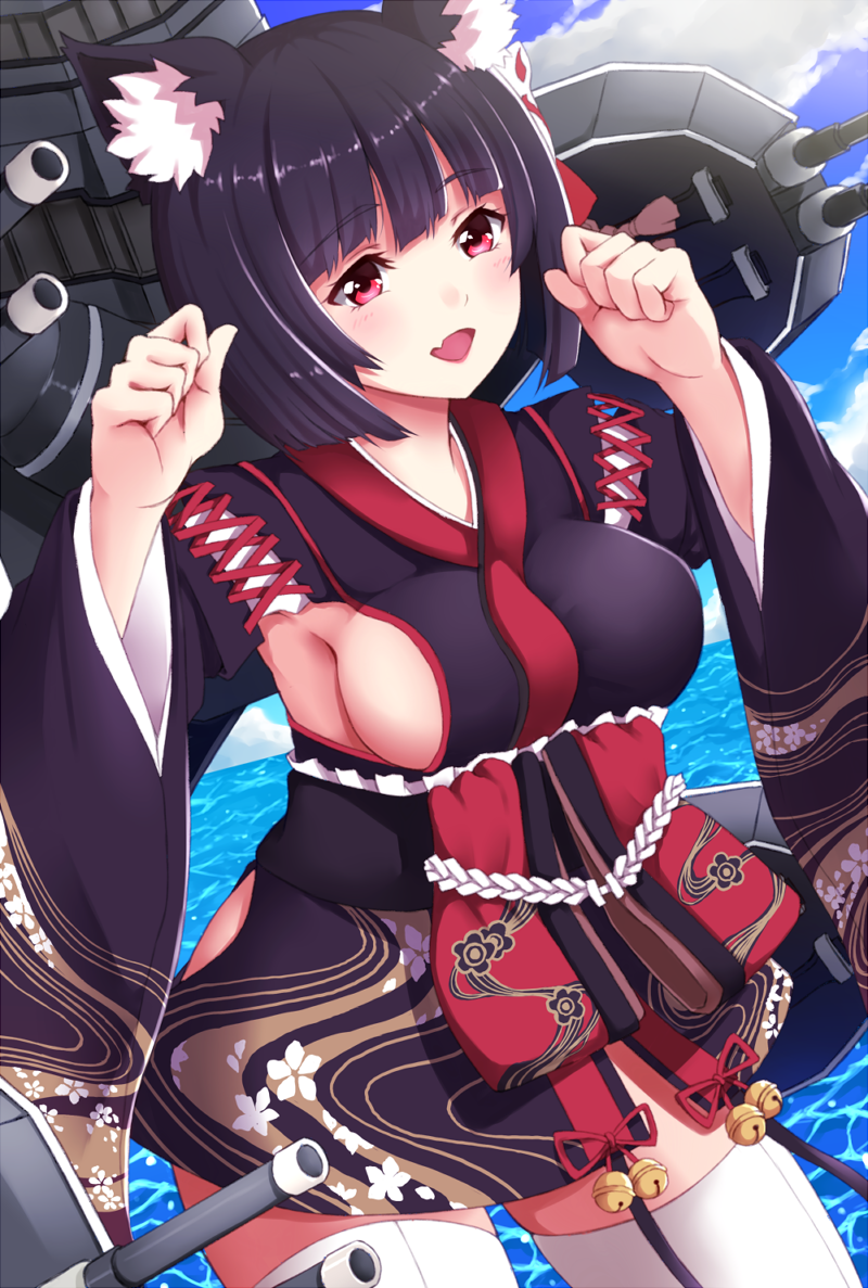 1girl, :d, ako_suke, animal_ears, azur_lane, bangs, bell, black_hair