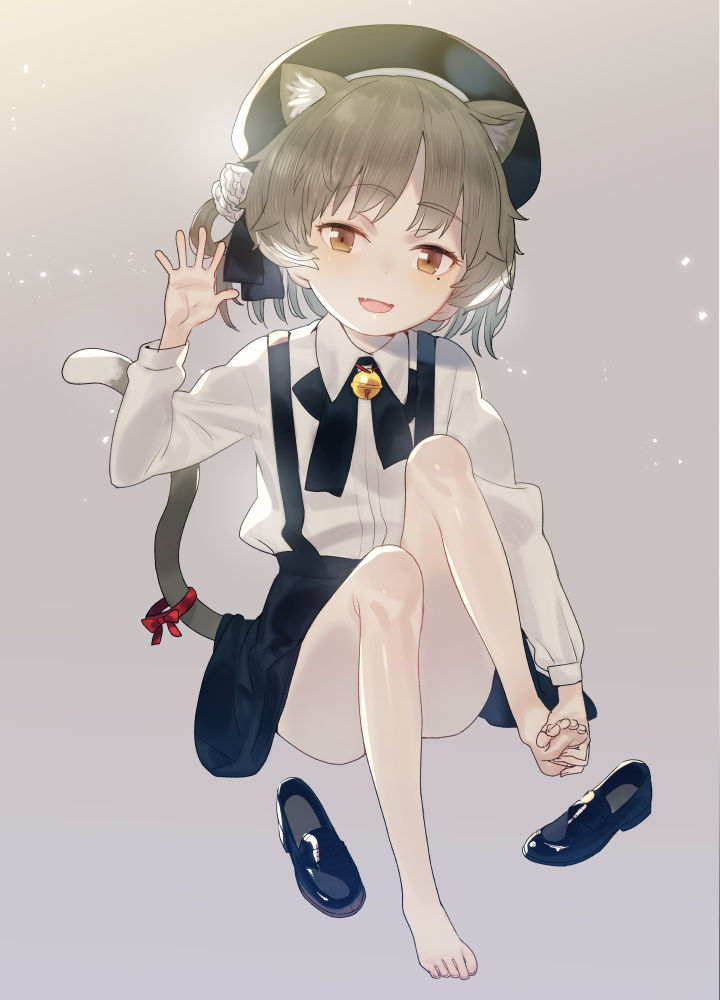 1girl, :d, animal_ears, bangs, bare_legs, barefoot, bell, beret