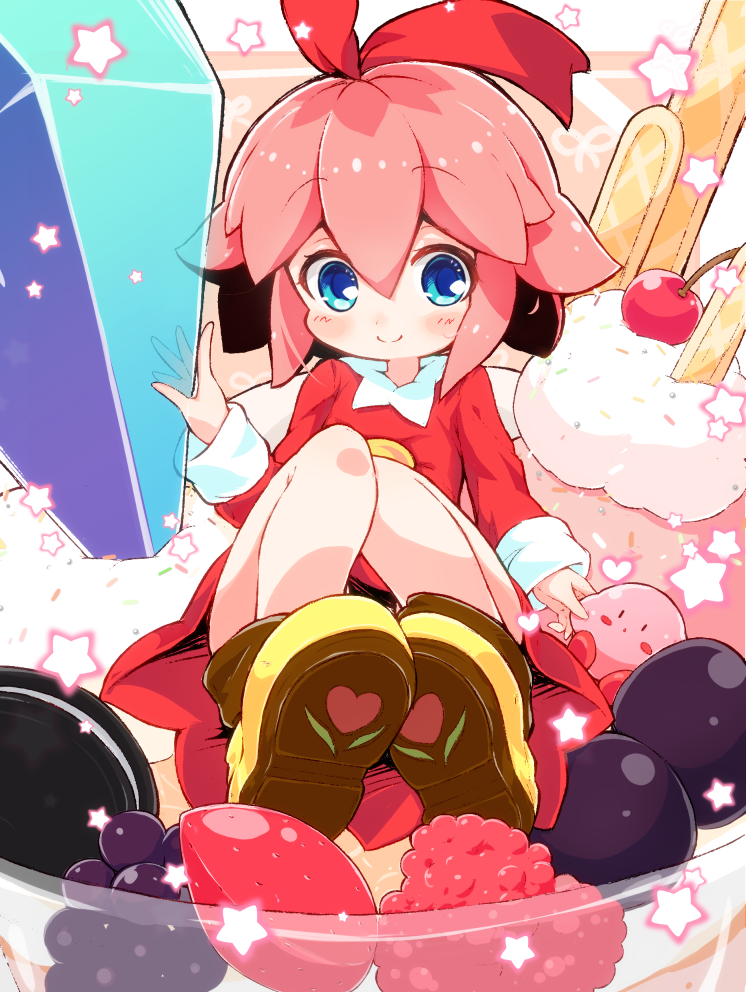 1girl, bangs, blue_eyes, blush, boots, brown_footwear, cherry, closed_mouth, crystal, dress, eyebrows_visible_through_hair, food, fruit, grapes, hair_between_eyes, hair_ribbon, heart, ice_cream, kirby, kirby_(series), kirby_64, long_sleeves, looking_at_viewer, minigirl, perorisu, pink_hair, raspberry, red_dress, red_ribbon, ribbon, ribbon_(kirby), short_hair, smile, solo, star, sundae
