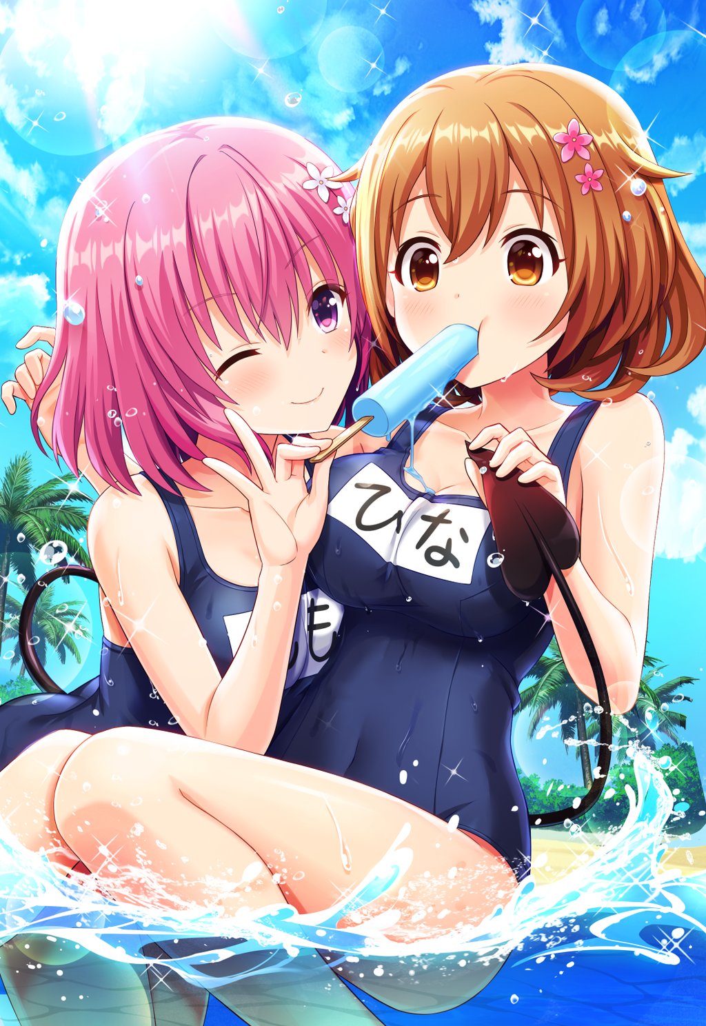 2girls, alternative_girls, bangs, blue_sky, blue_swimsuit, blush, breasts, cleavage