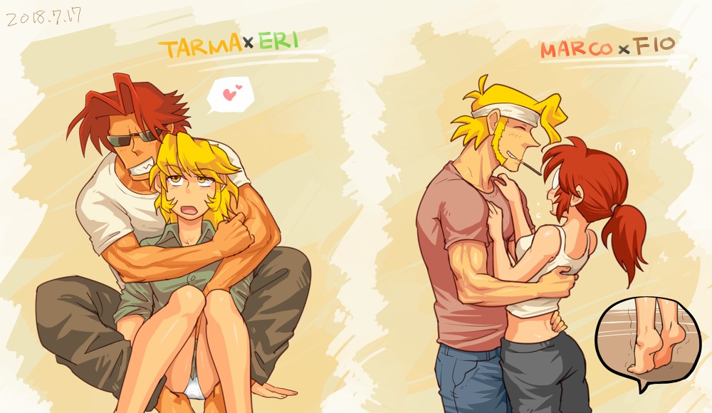 2boys, 2girls, barefoot, black_pants, blonde_hair, blue_pants, brown_hair, brown_shirt