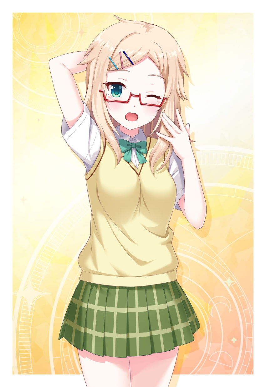 1girl, absurdres, alternative_girls, aqua_eyes, bangs, blonde_hair, blush, breasts