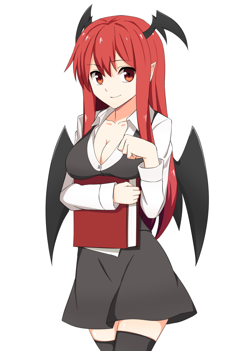 1girl, absurdres, bat_wings, black_legwear, book, book_hug, breast_rest, breasts, cleavage, collarbone, cowboy_shot, dress_shirt, eyebrows_visible_through_hair, hair_between_eyes, head_wings, highres, holding, holding_book, koakuma, large_breasts, long_hair, long_sleeves, looking_at_viewer, open_clothes, open_shirt, open_vest, pointy_ears, red_eyes, redhead, shirt, sidelocks, simple_background, skirt, skirt_set, smile, solo, thigh-highs, tialimko, touhou, vest, white_background, white_shirt, wings, zettai_ryouiki