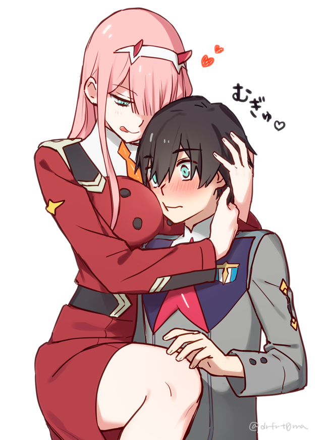 1boy, 1girl, bangs, black_hair, blue_eyes, blush, breasts, commentary_request