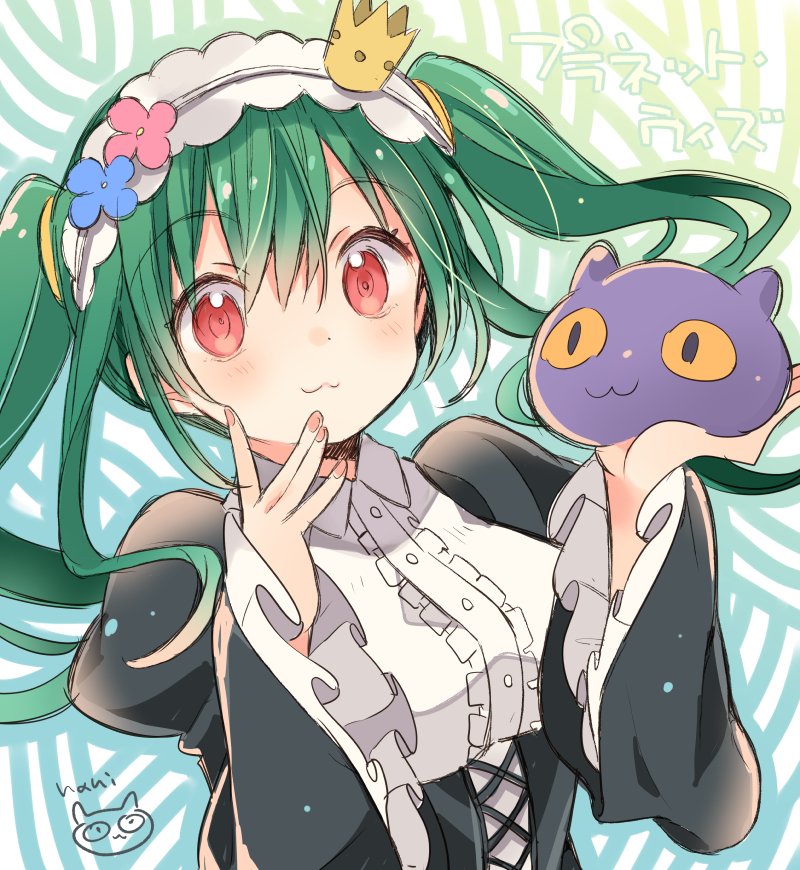 1girl, :3, bangs, blue_eyes, cat, commentary_request, crown, eyebrows_visible_through_hair