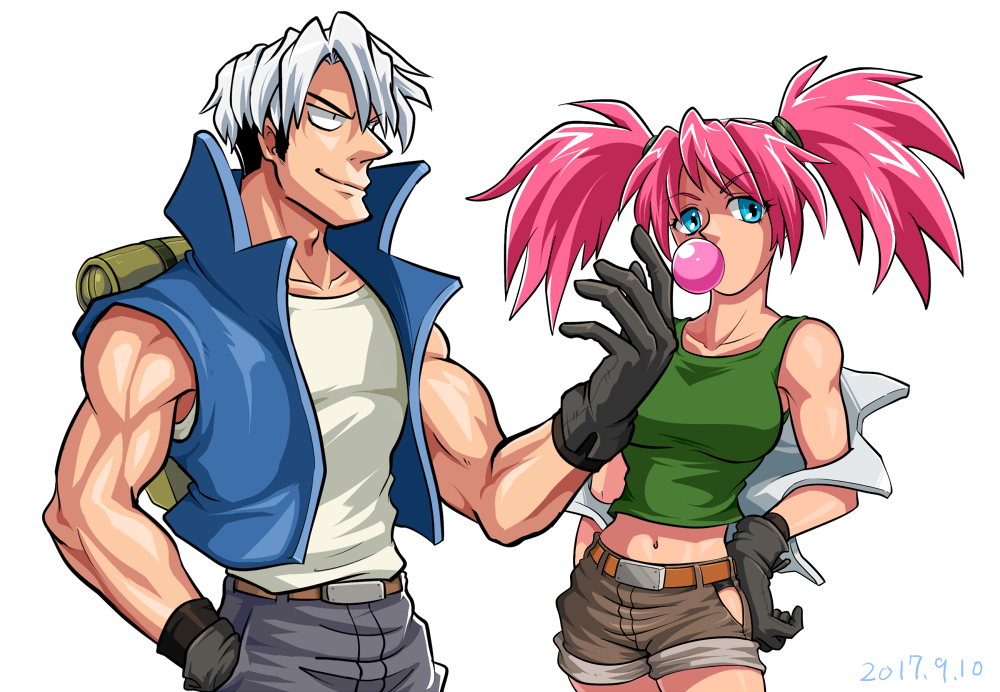1boy, 1girl, backpack, bag, black_gloves, blue_eyes, blue_jacket, brown_belt