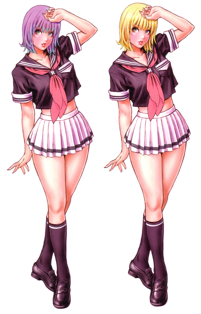 2girls, alternate_color, arm_up, bangs, black_legwear, black_socks, blonde_hair, dual_persona