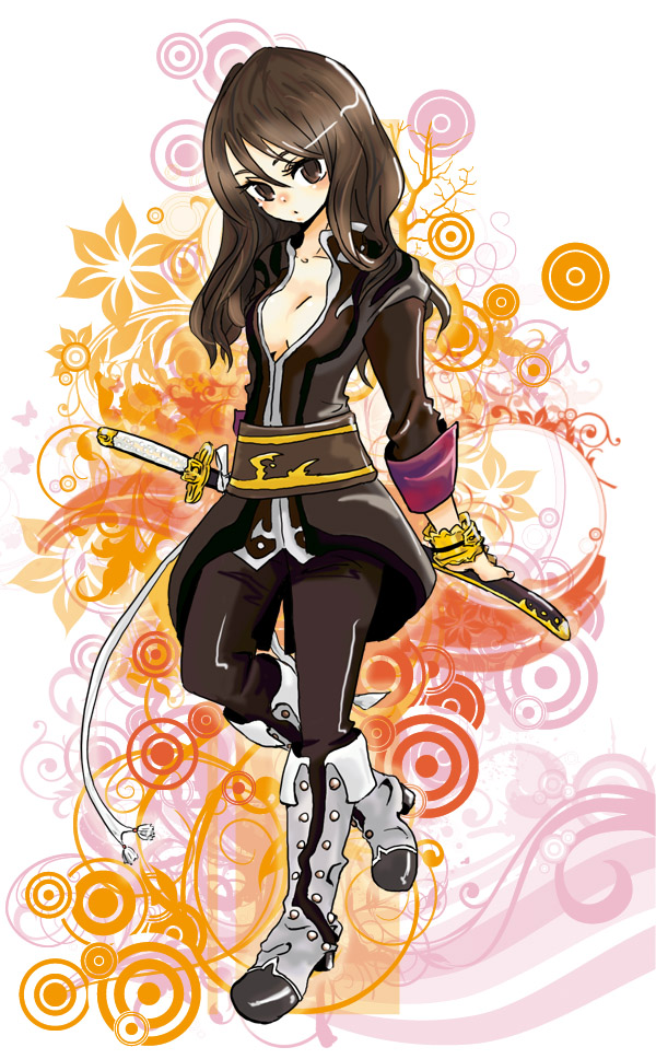 boots, breasts, brown_eyes, brown_hair, cleavage, genderswap, kaprice, katana, long_hair, stylish, sword, tales_of_(series), tales_of_vesperia, warrior, weapon, yuri_lowell