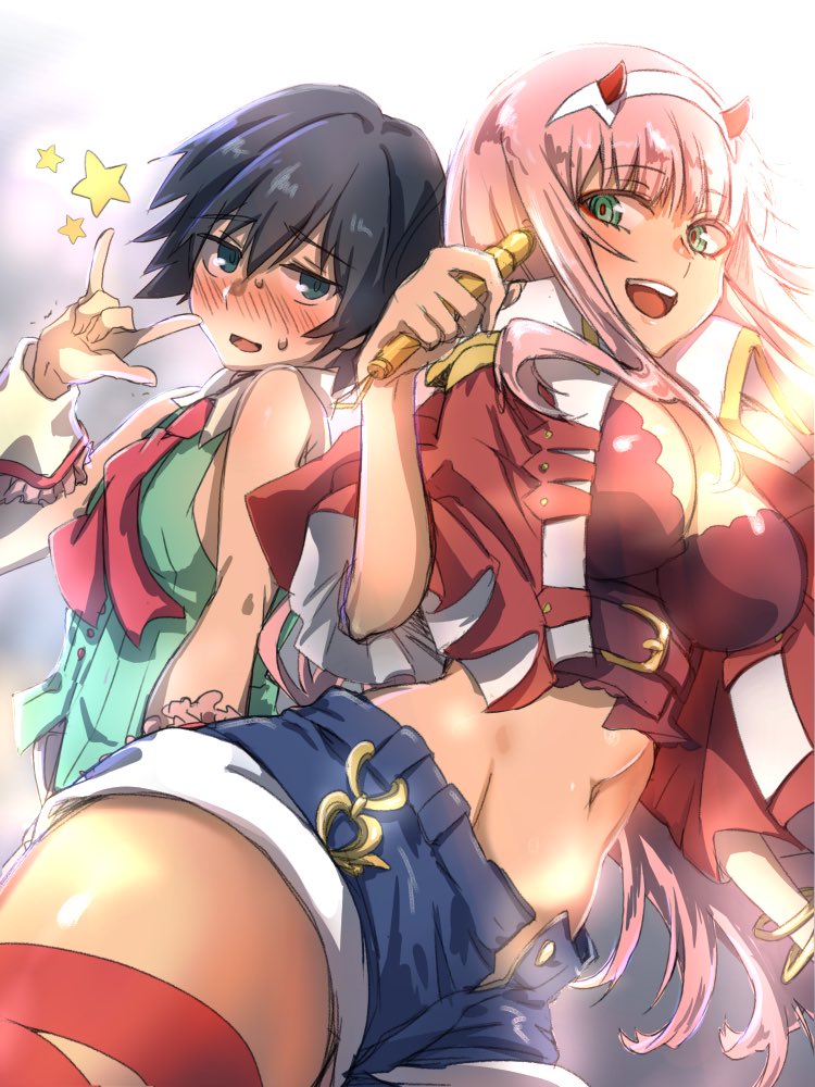 1boy, 1girl, \m/, bangs, bare_arms, bare_shoulders, belt, black_hair