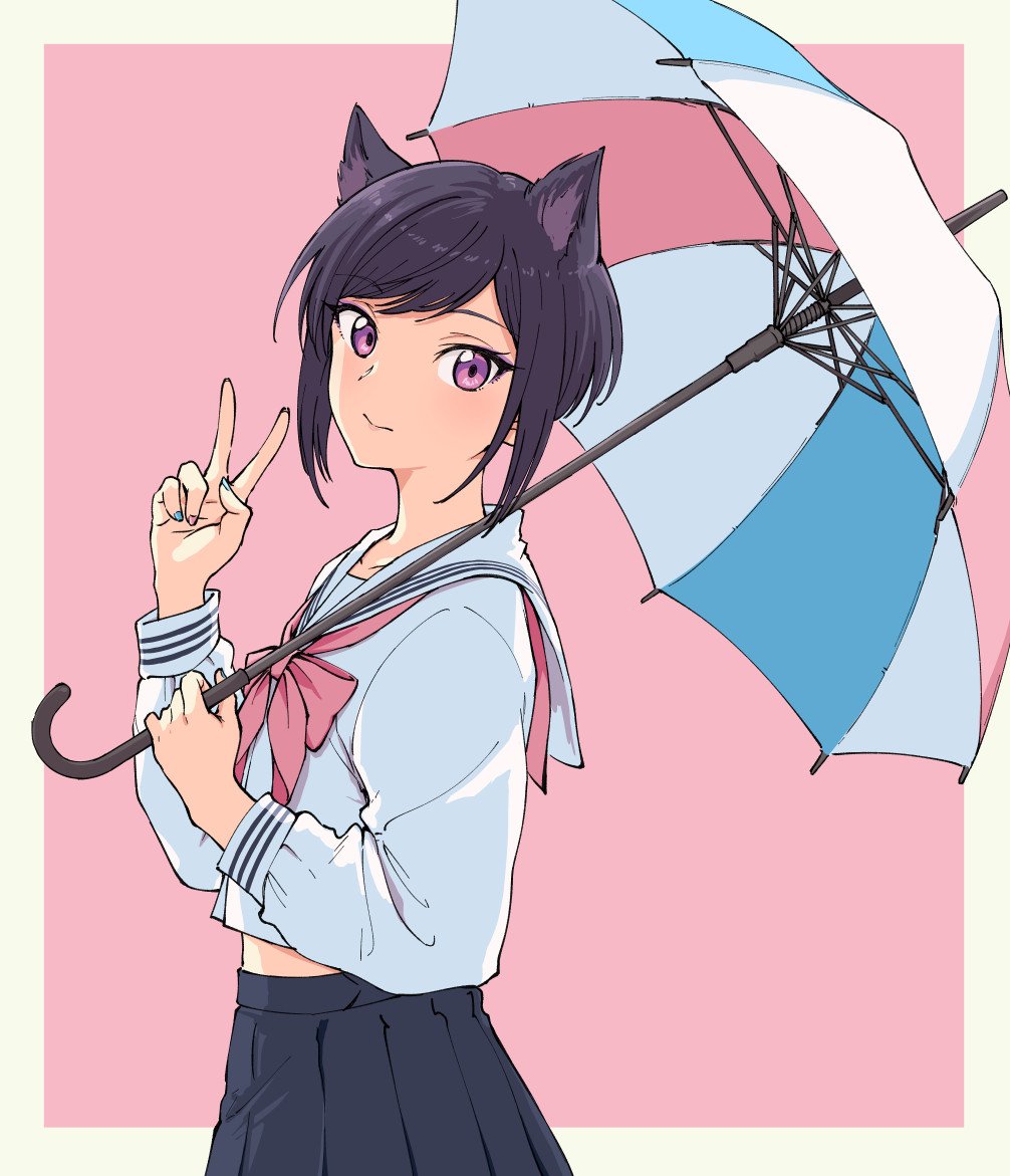 1non-binary, animal_ears, bangs, black_hair, black_skirt, blue_nails, border, cat_ears