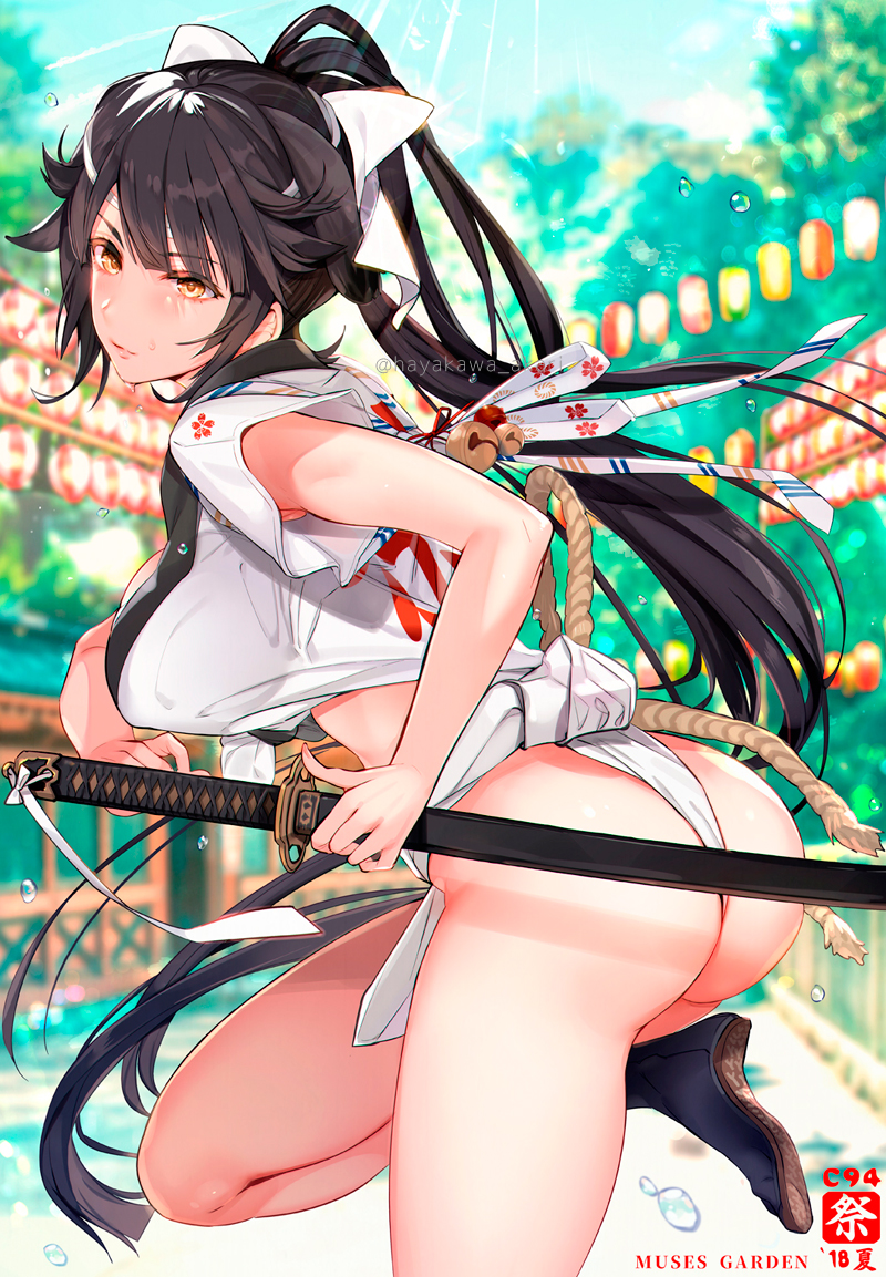 1girl, artist_name, ass, azur_lane, bangs, bell, black_footwear, black_hair