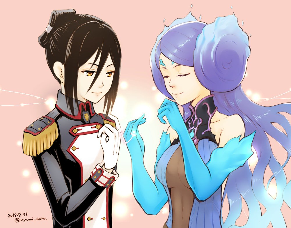 2girls, breasts, closed_eyes, collarbone, fire, gloves, kagutsuchi_(xenoblade), long_hair