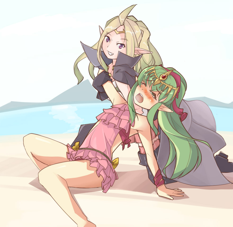 2girls, beach, blonde_hair, blush, cape, chiki, closed_eyes, fire_emblem